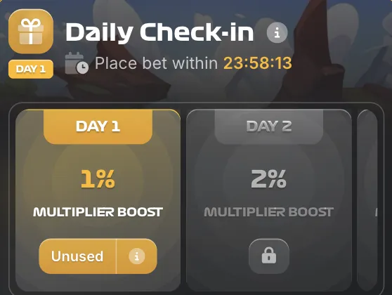 Daily check-in rewards panel showing escalating bonus credits