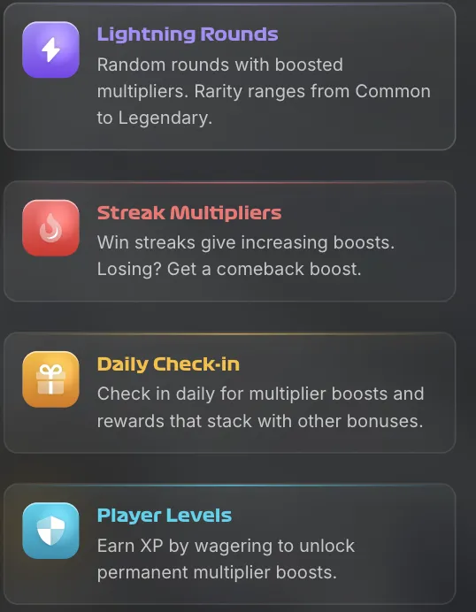 Features menu: Lightning Rounds, Streak Multipliers, Daily Check-in, Player Levels