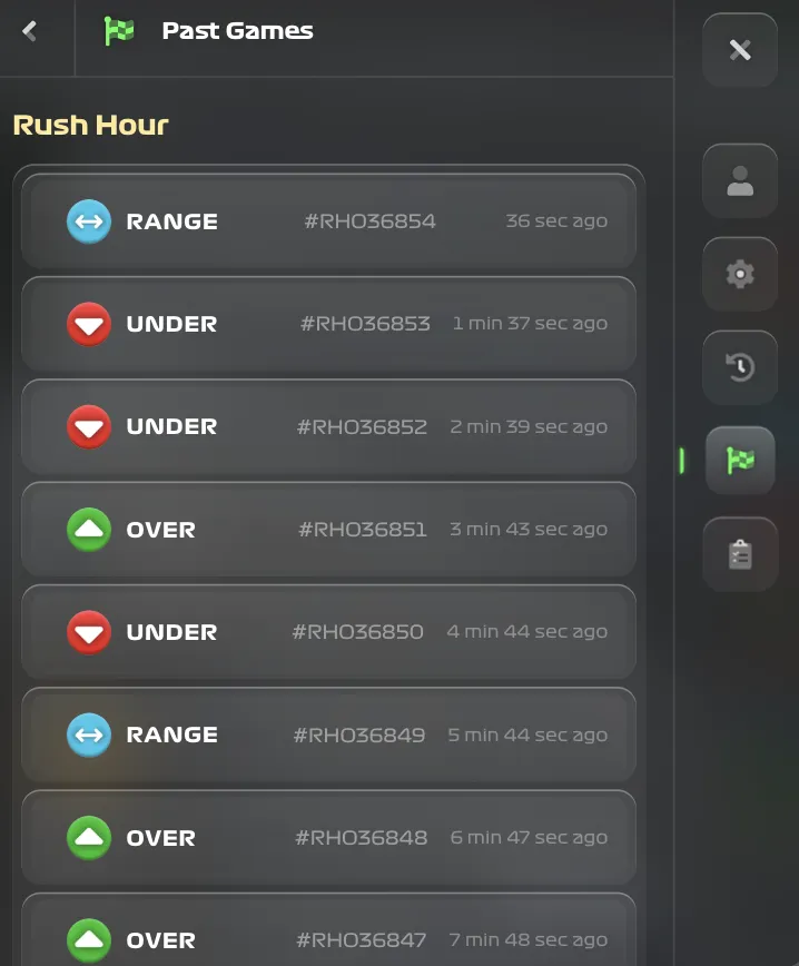 Past games panel showing bet history with game IDs